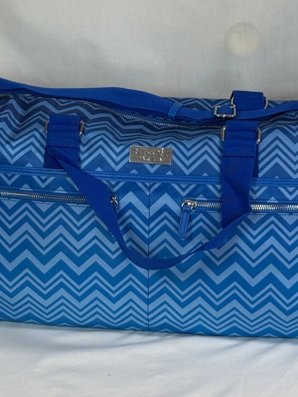 Missoni Parfum Large Zigzag Print Duffle Carry On Weekend Travel Bag - Blue -New